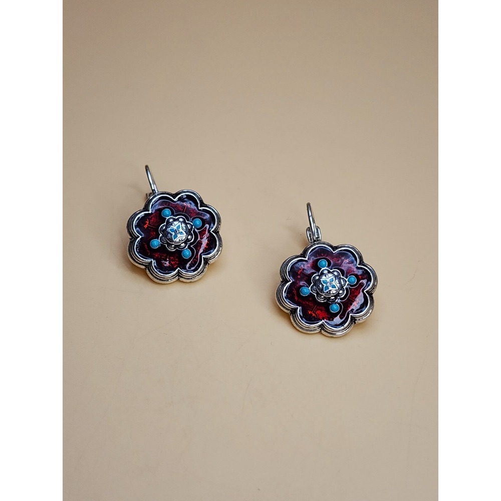 44 Yr Old NINA RICCI Signed 1980 Floral Red Enamel Faux Turquoise Bead Earrings